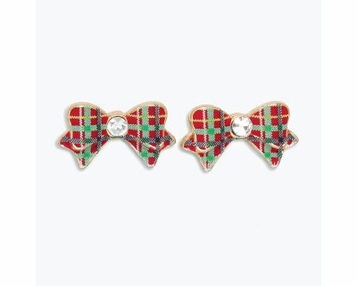 Gold Toned Red and Green Plaid Enamel Bow Earrings