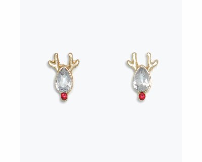 Gold Toned Polystone Crystal Rudolph Earrings