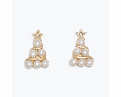 Gold Toned Faux Pearls Christmas Tree Earrings