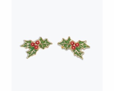 Gold Toned Green and Red Inlay Holly Earrings