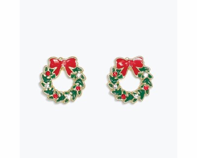 Gold Toned Green and Red Inlay Wreath Earrings