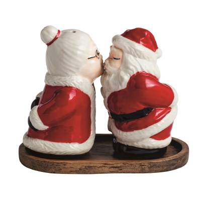 4" Mr. & Mrs. Claus Kissing Ceramic Salt and Pepper Shakers With a Wood Tray by Mud Pie