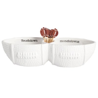 10" White Two Compartment Ceramic Football Dish With Toothpicks by Mud Pie
