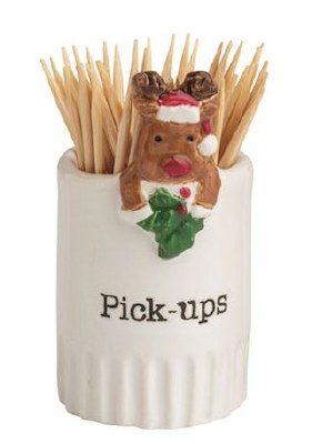 2" White "Pick-Ups" Reindeer Ceramic Toothpick Holder by Mud Pie
