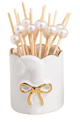3" White and Gold Ceramic Candy Cane Toothpick Holder by Mud Pie