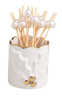 3" White and Gold Ceramic Holly Toothpick Holder by Mud Pie