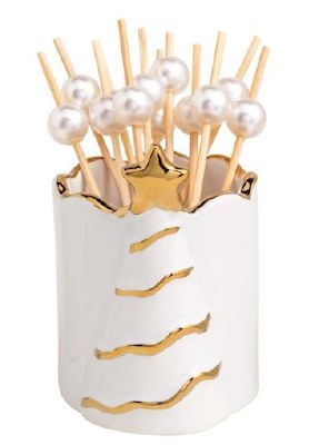 3" White and Gold Ceramic Christmas Tree Toothpick Holder by Mud Pie