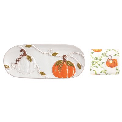 6" x 14" White and Orange Pumpkins Ceramic Tray With a Kitchen Towel by Mud Pie