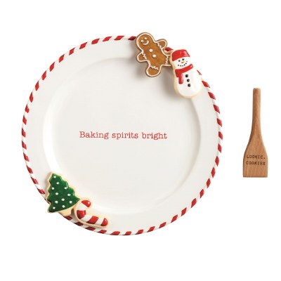 11" Round "Breaking Spirits Bright" Ceramic Christmas Cookies Platter With a Spatula by Mud Pie