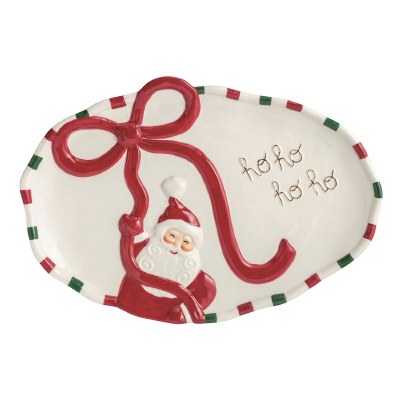 13" x 16" Oval Santa Holding onto a Bow Ceramic Platter by Mud Pie