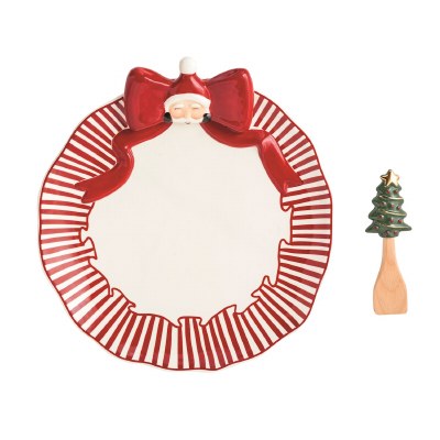 12" Round Santa Claus Bow Ceramic Platter With a Spatula by Mud Pie