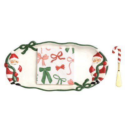 6" x 14" Ceramic Santa Claus Tray With a Spreader and Beverage Napkins by Mud Pie
