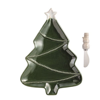 13" x 9" Green Christmas Tree Platter With a Spreader by Mud Pie