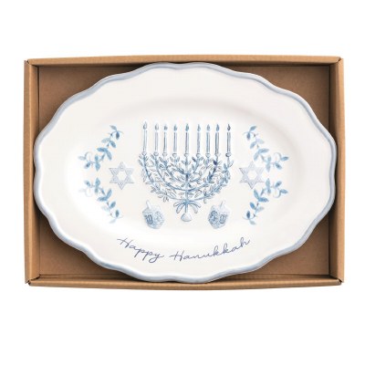 7" x 10" Blue and White Oval "Happy Hanukkah" Ceramic Menorah Design Tray by Mud Pie