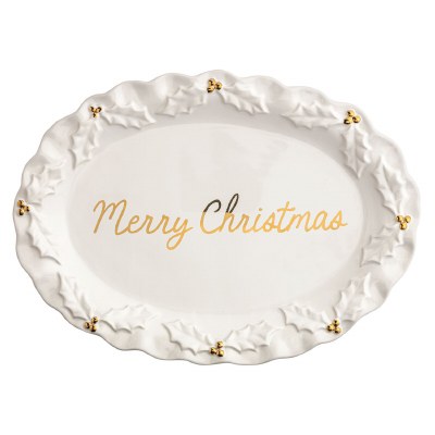 12" x 16" White and Gold Oval "Merry Christmas" Ceramic Holly Platter by Mud Pie