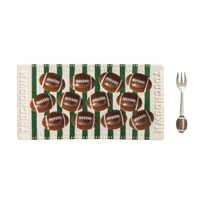 6" x 13" Ceramic Football Deviled Egg Tray With a Fork by Mud Pie
