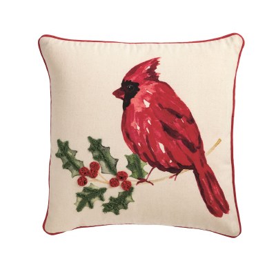 18" Sq Cardinal on a Holly Branch Decorative Christmas Pillow by Mud Pie