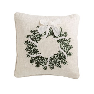 18" Sq Green Wreath With a White Bow Decorative Christmas Pillow by Mud Pie