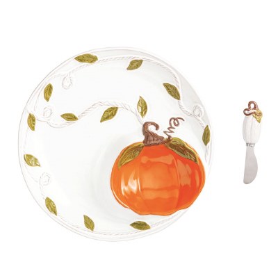 12" Round Orange Pumpkin Ceramic Chip and Dip Dish by Mud Pie