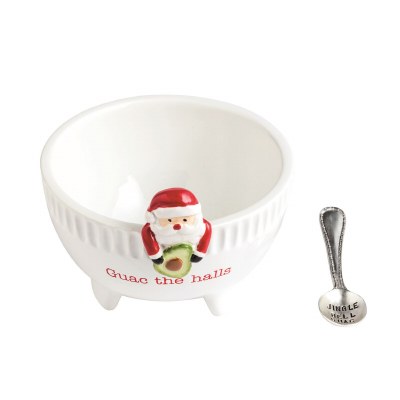 5" Round "Guac the Halls" Santa Claus Holding an Avocado Ceramic Bowl by Mud Pie