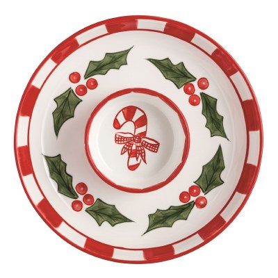 11" Round Ceramic Holly and Candy Cande Design Chip & Dip Dish by Mud Pie