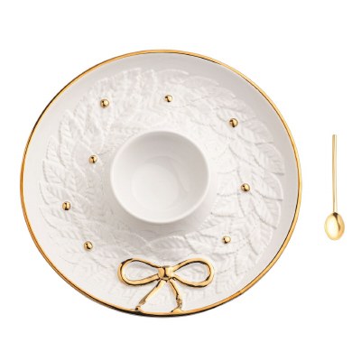 11" Round White and Gold Ceramic Chip and Dip Dish With a Spoon by Mud Pie