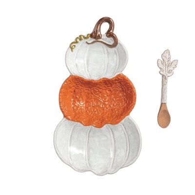 12" x 6" White and Orange Three Compartment Ceramic Pumpkin Dish by Mud Pie