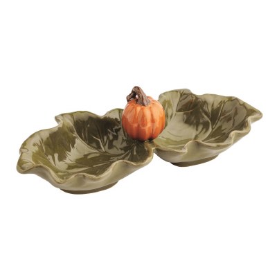 10" Orange Pumpkin and Green Leaves Two Compartment Ceramic Dish by Mud Pie