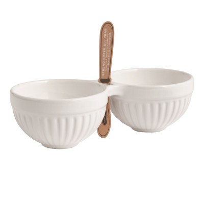 9" White Two Compartment With a Slot for a Spreader Ceramic Dip Bowl by Mud Pie
