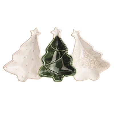 6" x 12" White and Green Three Comparment Ceramic Christmas Tree Dish by Mud Pie