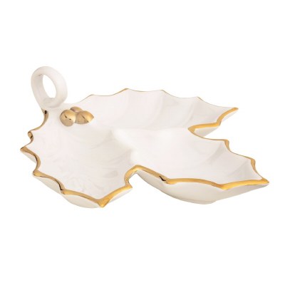 8" x 9" White and Gold Three Compartment Ceramic Holly Dish by Mud Pie