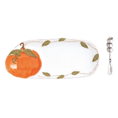 6" x 13" Orange Pumpkin Ceramic Tray With a Spreader by Mud Pie