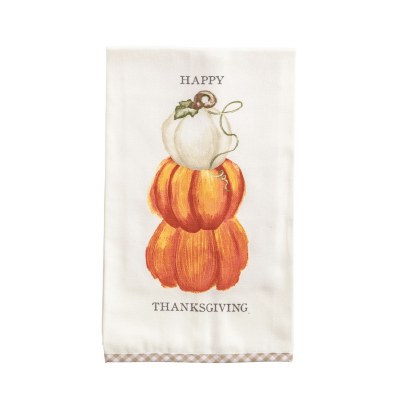 26" X 16" "Happy Thanksgiving" Orange and White Pumpkins Kitchen Towel by Mud Pie