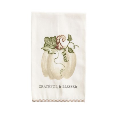 26" X 16" "Grateful & Blessed" White Pumpkin Kitchen Towel by Mud Pie