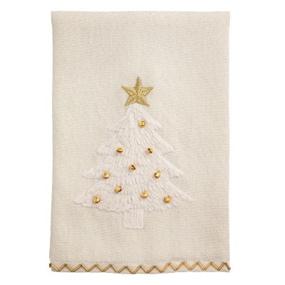 21" x 14" White and Gold Christmas Tree Kitchen Towel by Mud Pie