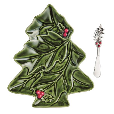 10" x 8" Green Ceramic Christmas Tree Dish With a Spreader by Mud Pie