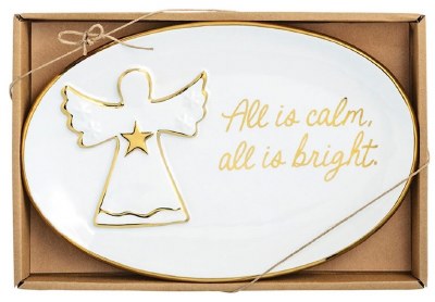 7" x 10" White and Gold Ceramic Angel Plate by Mud Pie