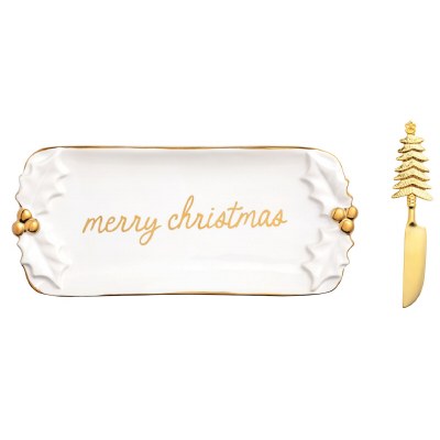 4" x 9" White and Gold Ceramic "Merry Christmas" Holly Dish by Mud Pie
