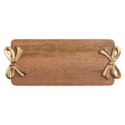 7" x 14" Brown Mango Wood Board With Gold Metal Bow Handles by Mud Pie