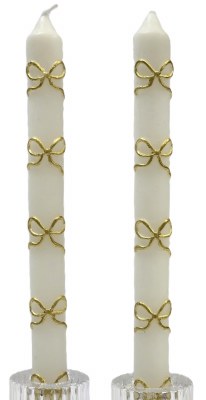 Box of Two 10" White and Gold Bow Taper Candles by Mud Pie