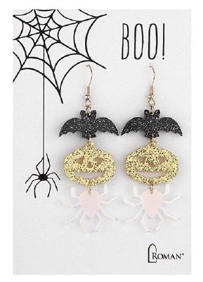 Bat, Spider, and Jack-O-Lantern Dangle Earrings