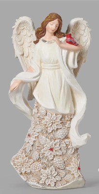 8" Distressed White Polyresin Angel Holding a Cardinal Figurine