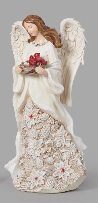 8" Distressed White Polyresin Angel Holding Two Cardinals Figurine