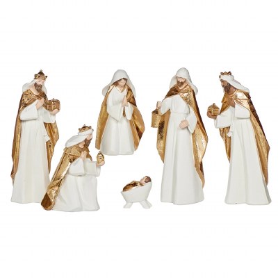 12" Set of Six 12" White and Gold Polyresin Nativity Figurines