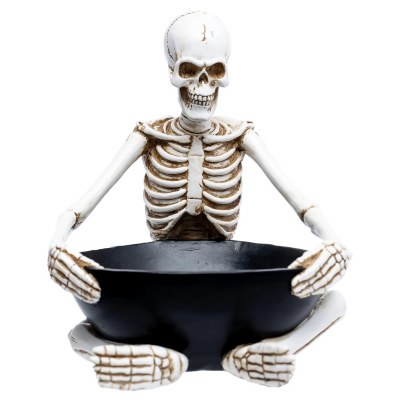 8" Polyresin Skeleton Holding a Bowl in Its Lap Figurine