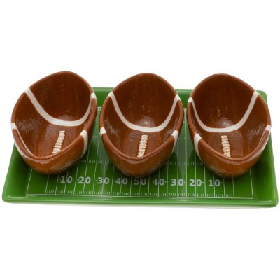 Set of Ceramic Football Field Serving Tray and Three Football Bowls