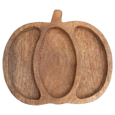 8" Brown Three Compartment Mango Wood Pumpkin Shaped Decorative Dish