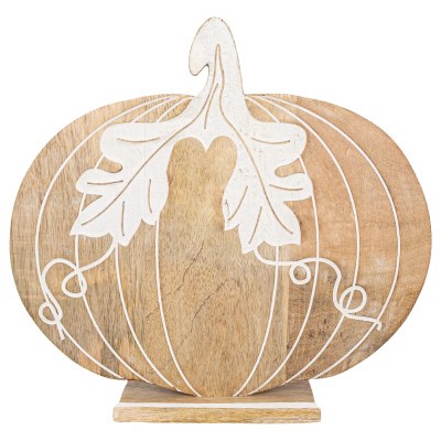 10" Natural and Cream Flat Mango Wood Pumpkin on a Pedestal