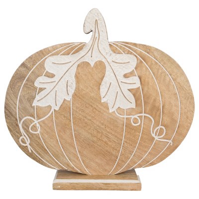 12" Natural and Cream Flat Mango Wood Pumpkin on a Pedestal
