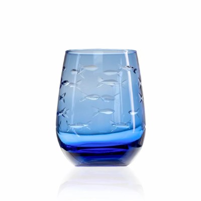 15 Oz Blue Etched Fish Stemless Wine Glass